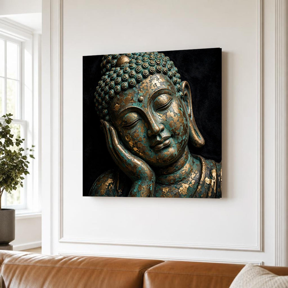 Gold Buddha Serene Buddha Face Leaf Meditation Canvas Wall Art, Buddhist Meditation Art
