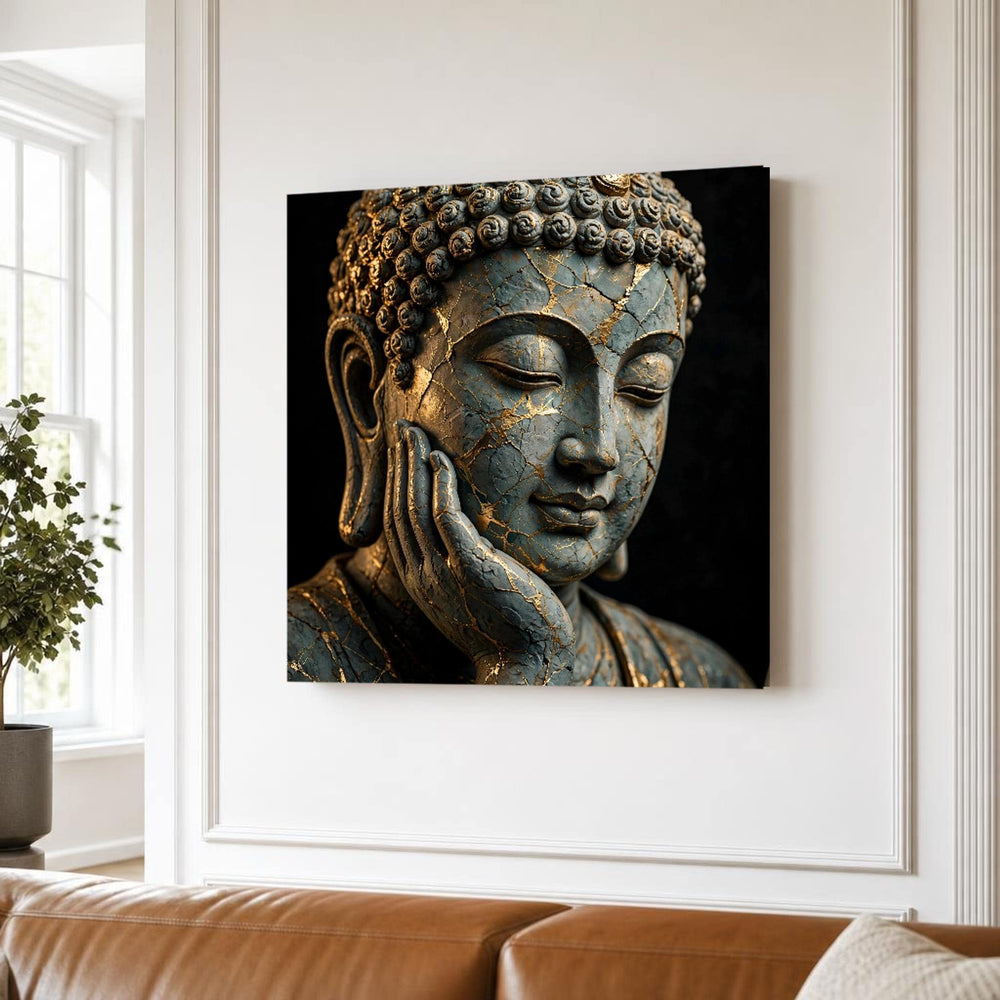Buddha Serene Buddha Face Gold Leaf Meditation Canvas Wall Art, Buddhist Meditation Art