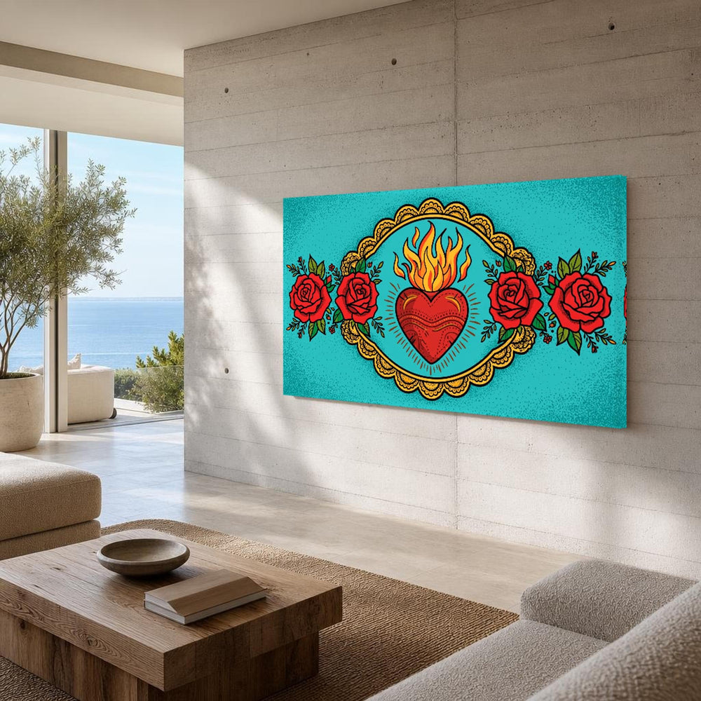 Sacred Heart and Roses Vibrant Mexican Folk Art Canvas Wall Art, Christian, Christian Sacred