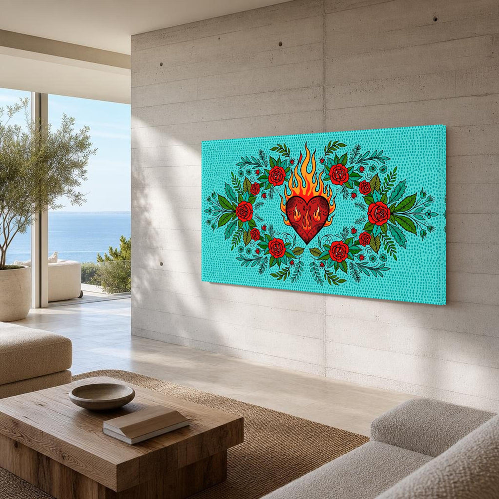 Sacred Heart and Roses Vibrant Mexican Folk Art Canvas Wall Art, Christian Sacred Art