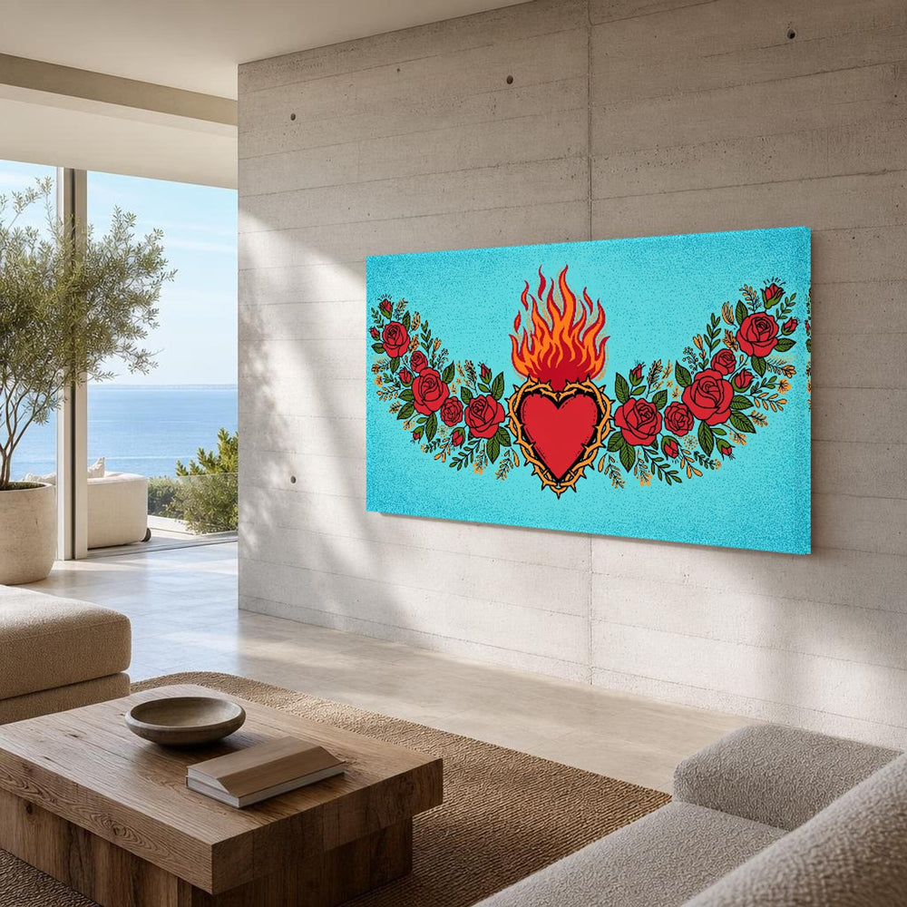 Sacred Heart and Roses Vibrant Mexican Folk Art Canvas Wall Art, Christian Sacred, Christian