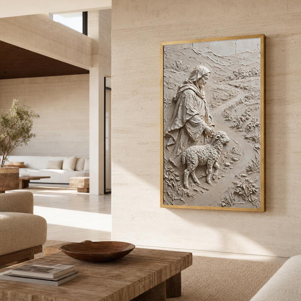 Good Shepherd Jesus and Lamb in Neutral Earth Tones Canvas Wall Art, Christian, Christian Sacred
