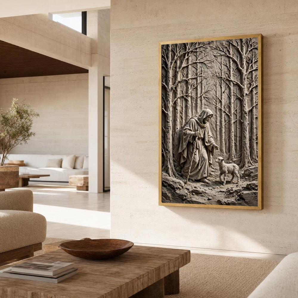 Neutral Good Shepherd Jesus and Lamb in Earth Tones Canvas Wall Art, Christian Sacred Art