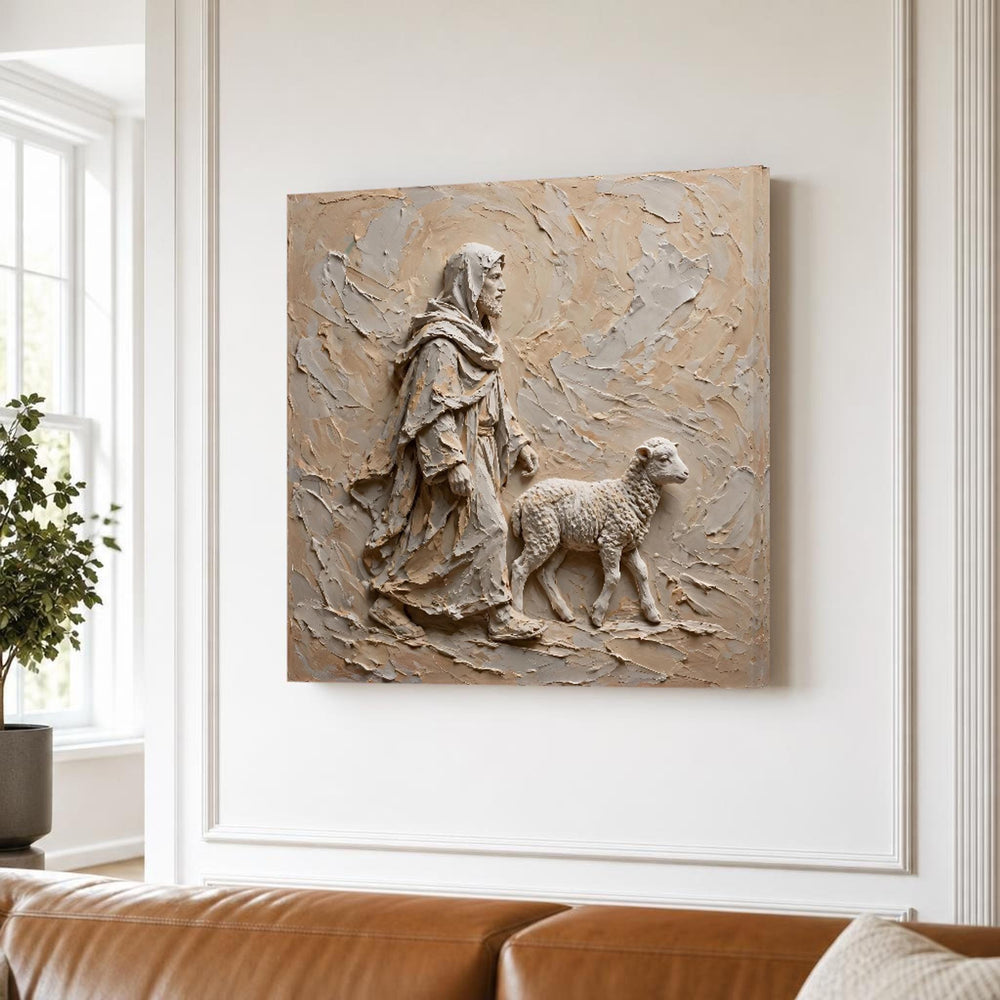 Good Shepherd Jesus and Lamb in Neutral Earth Tones Canvas Wall Art, Christian Sacred Art