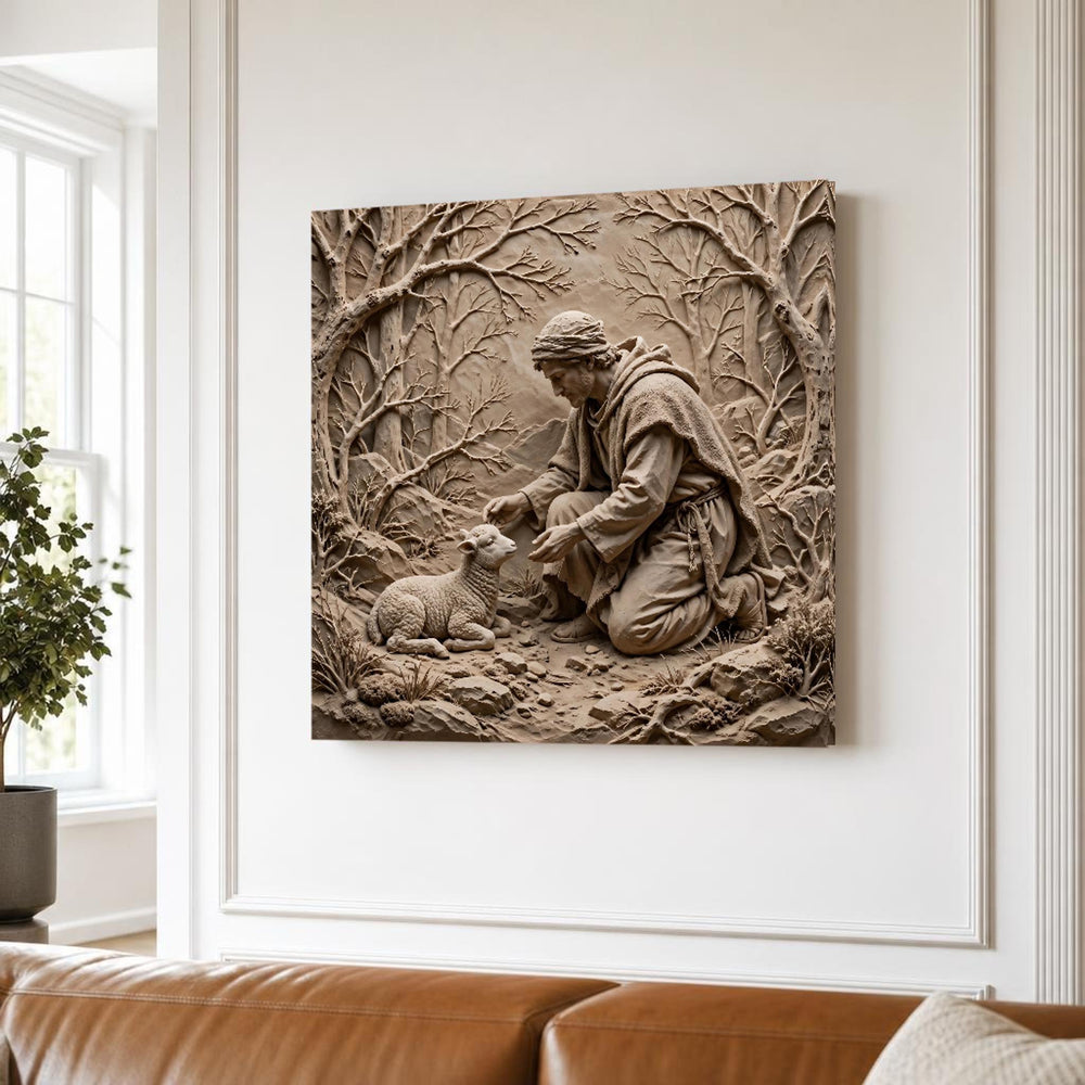 Neutral Good Shepherd Jesus and Lamb in Earth Tones Canvas Wall Art, Christian
