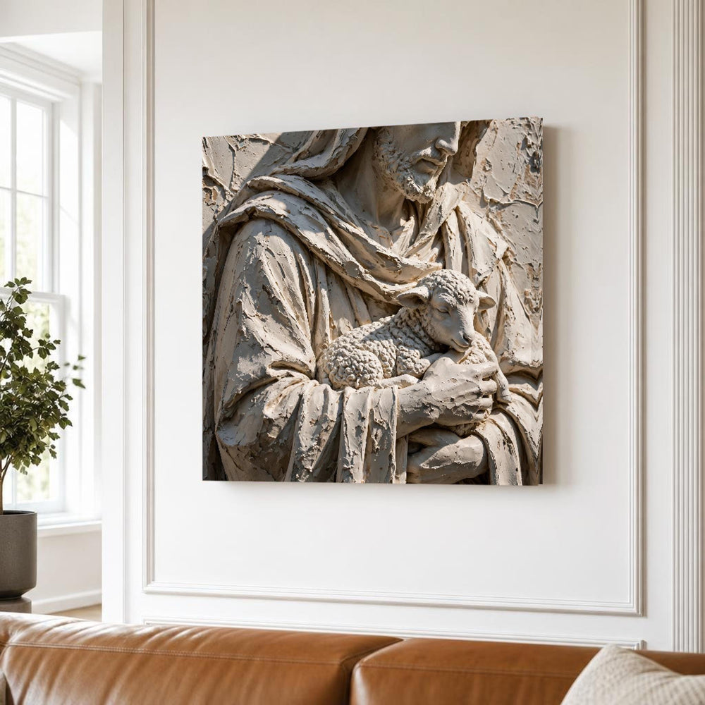Neutral Good Shepherd Jesus and Lamb in Earth Tones Canvas Wall Art, Christian