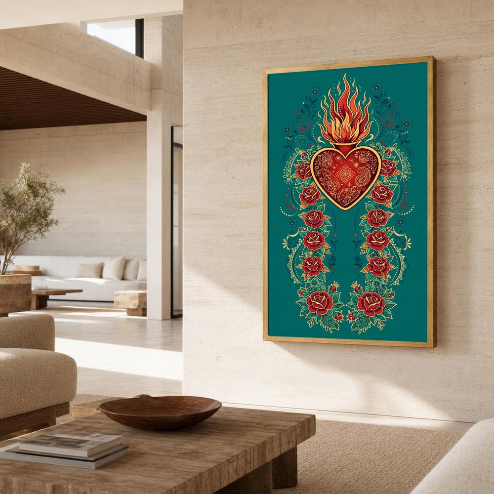Sacred Heart and Roses Vibrant Mexican Folk Art Canvas Wall Art, Christian, Christian Sacred Art