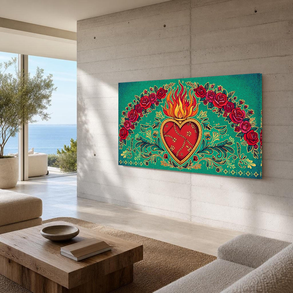 Sacred Heart and Roses Vibrant Mexican Folk Art Canvas Wall Art, Christian