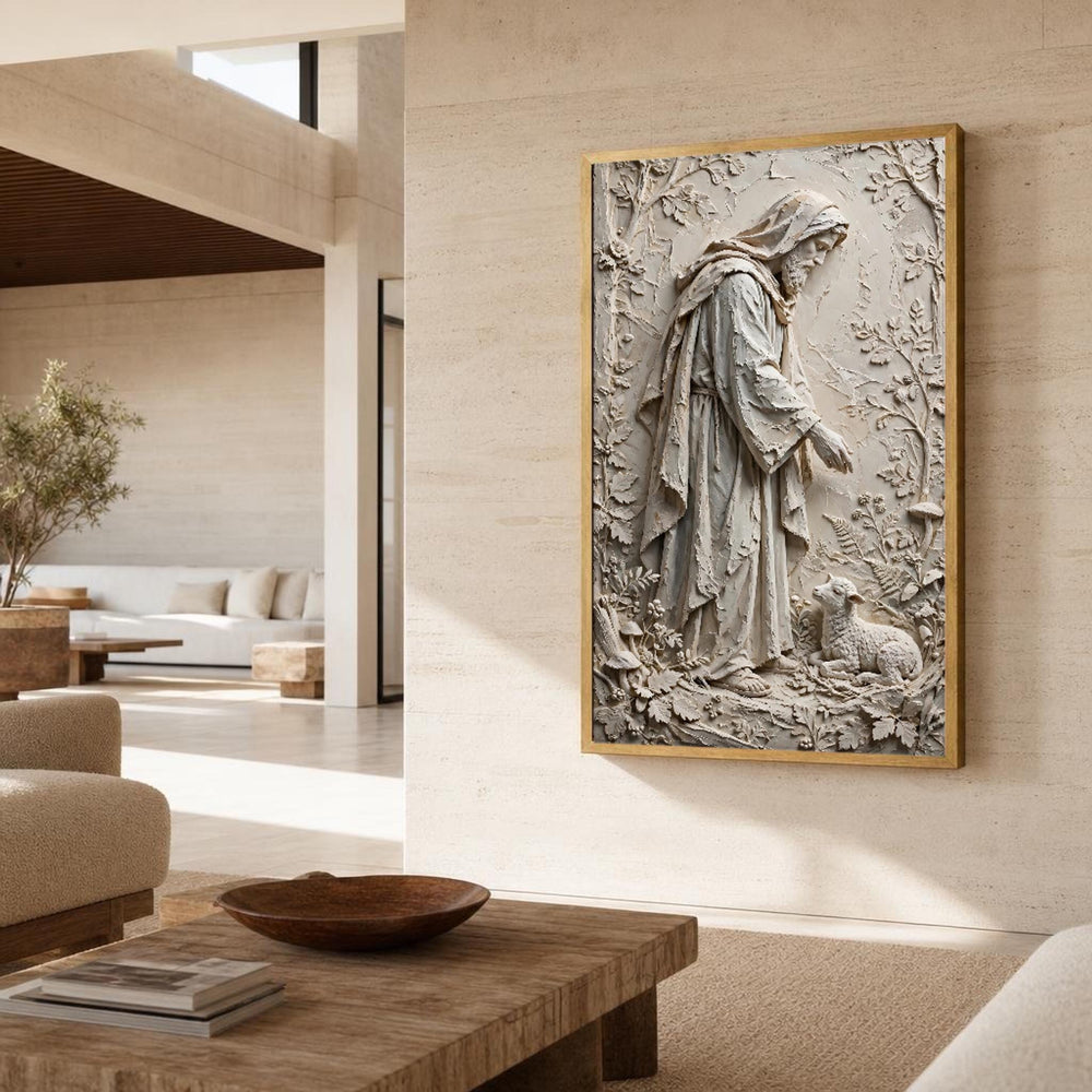 Neutral Good Shepherd Jesus and Lamb in Earth Tones Canvas Wall Art, Christian, Christian Sacred