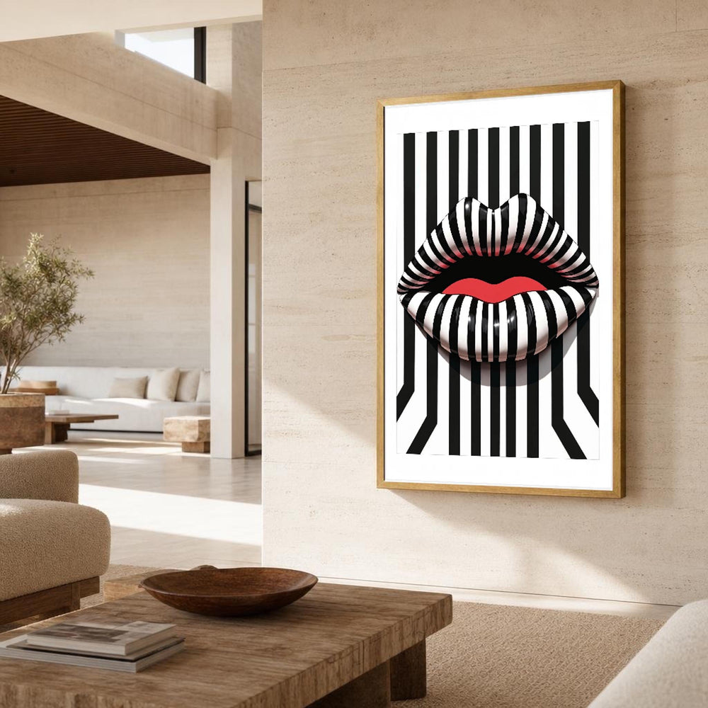Abstract Lips Pop Art Black and White Striped Canvas Wall Art
