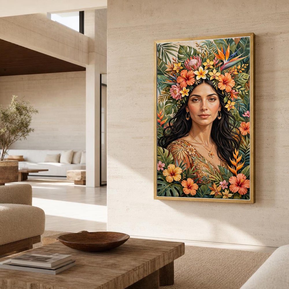 Frida Kahlo Frida Floral Portrait Tropical Leaves and Flowers Canvas Wall Art, Floral Headpiece