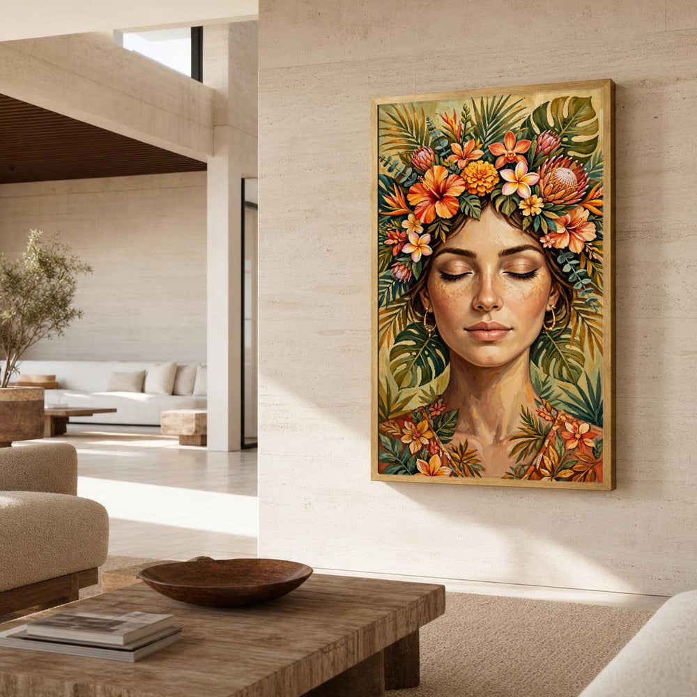 Frida Kahlo Frida Floral Portrait Tropical Leaves and Flowers Canvas Wall Art, Floral Headpiece