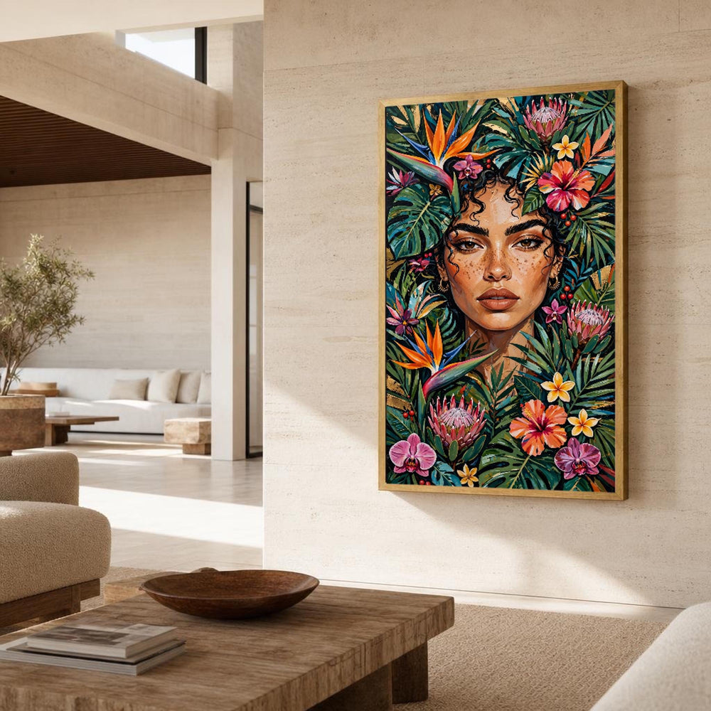 Frida Kahlo Frida Floral Portrait Tropical Leaves and Flowers Canvas Wall Art, Floral Headpiece