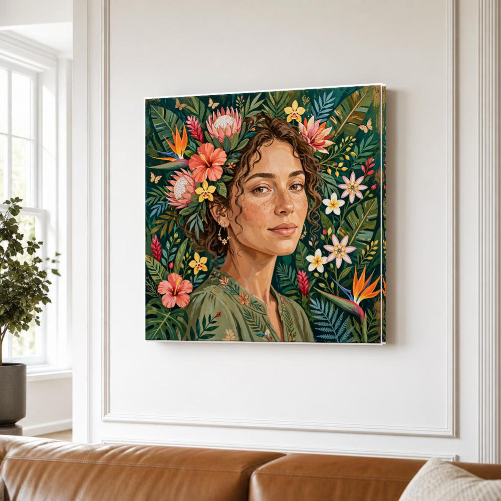 Frida Kahlo Frida Floral Portrait Tropical Leaves and Flowers Canvas Wall Art, Floral Headpiece