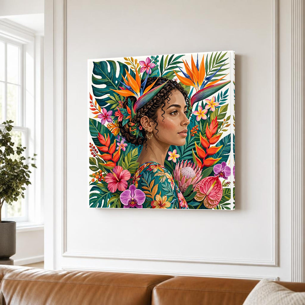 Frida Kahlo Frida Floral Portrait Tropical Leaves and Flowers Canvas Wall Art, Mexican Folk Portrait