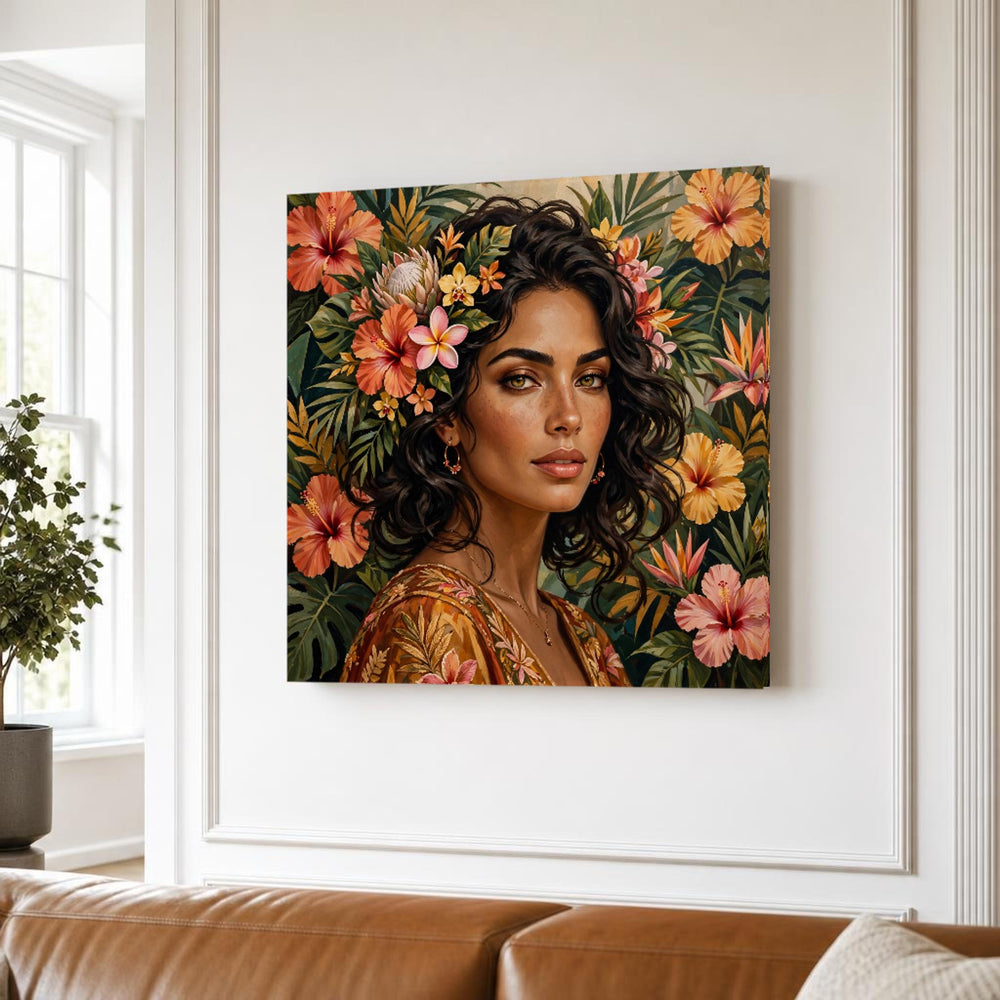 Frida Kahlo Frida Floral Portrait Tropical Leaves and Flowers Canvas Wall Art, Mexican Folk Portrait