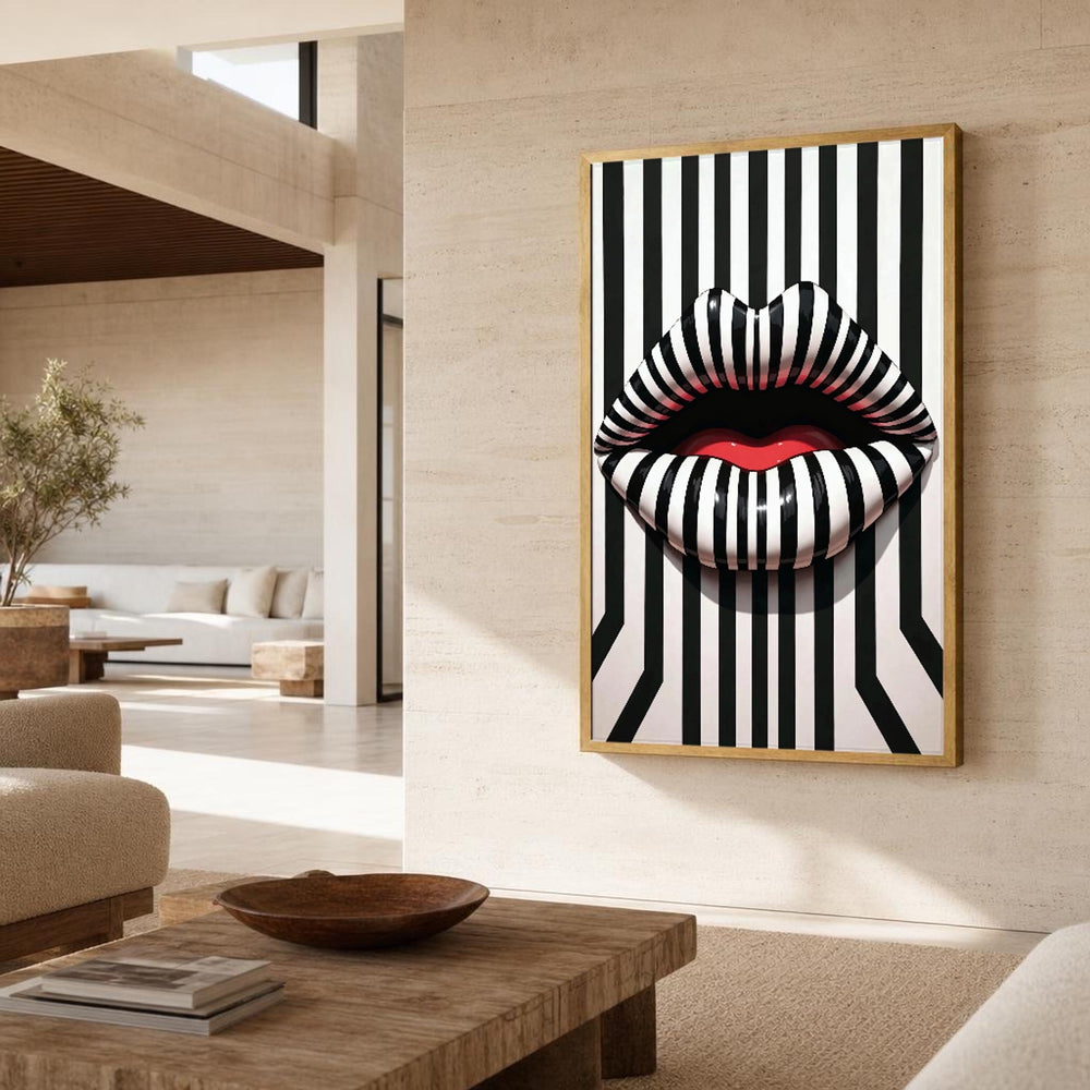 Black and White Abstract Lips Pop Art and Striped Canvas Wall Art, Colorful Pop