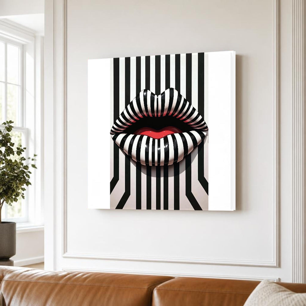 Abstract Lips Pop Art Black and White Striped Canvas Wall Art, Colorful Pop, Modern