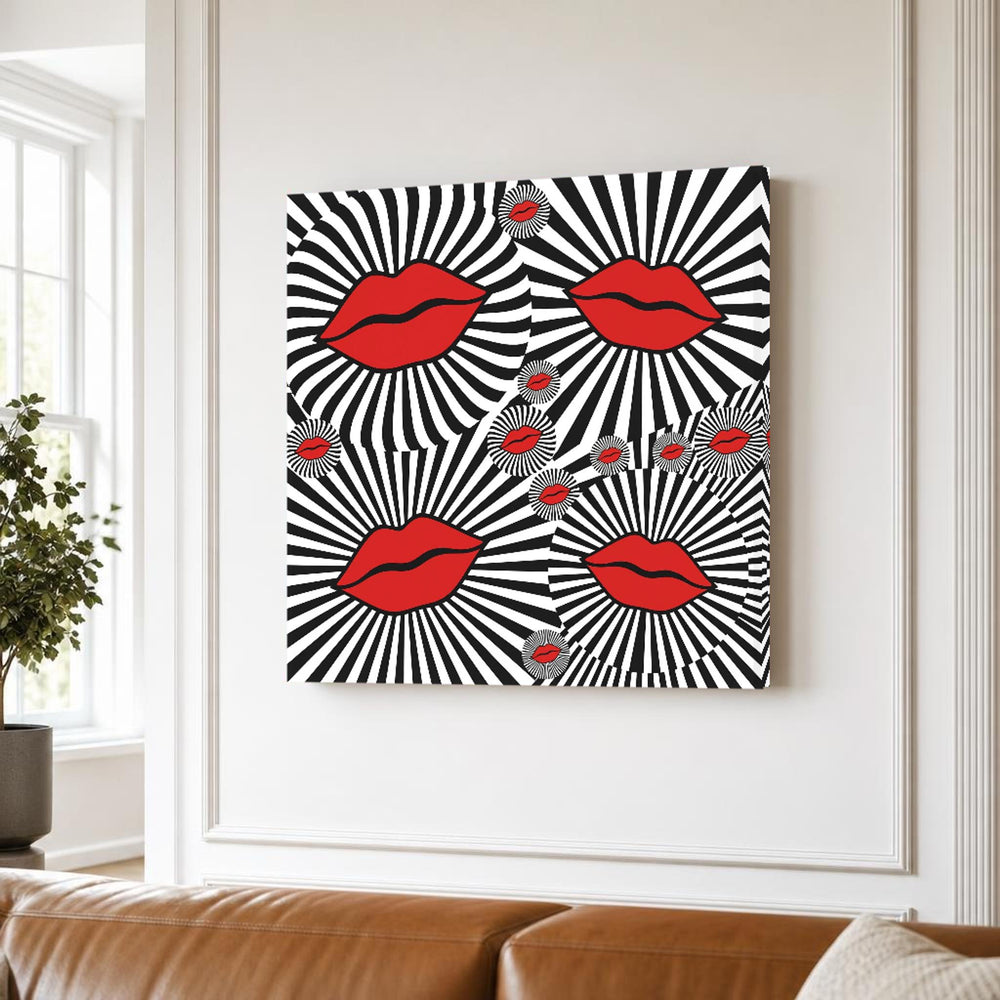 Black and White Abstract Lips Pop Art and Striped Canvas Wall Art, Colorful Pop Art