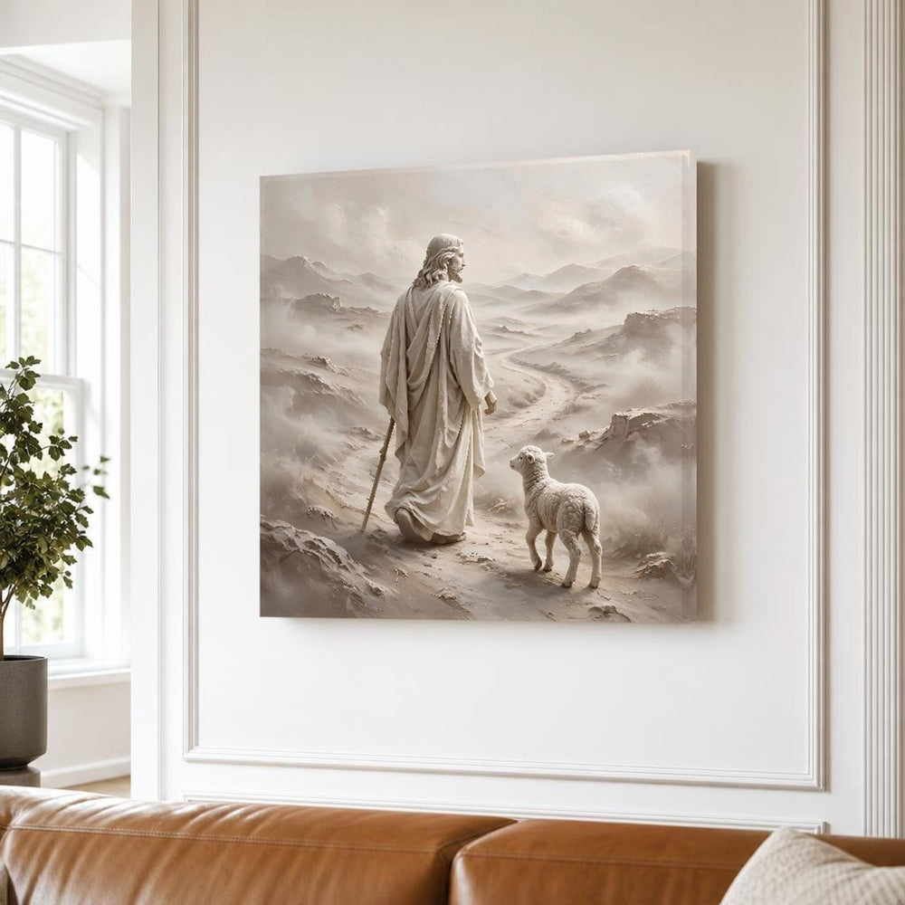 Neutral Good Shepherd Jesus and Lamb in Earth Tones Canvas Wall Art, Christian