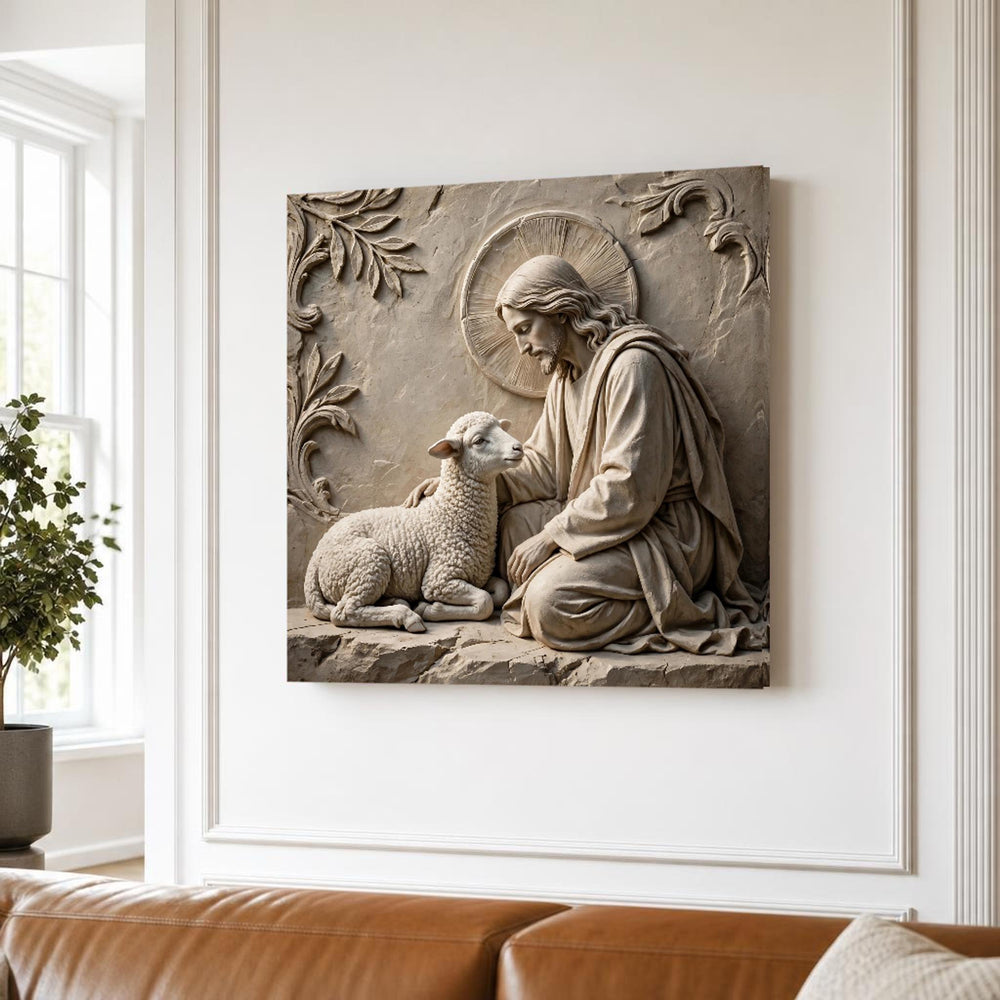 Neutral Good Shepherd Jesus and Lamb in Earth Tones Canvas Wall Art, Christian Sacred