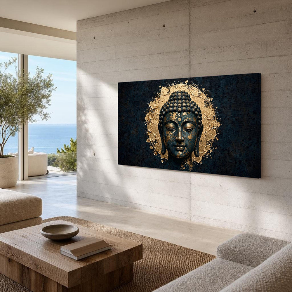 Gold Buddha Serene Buddha Face Leaf Meditation Canvas Wall Art, Buddhist Meditation Art, Buddhist