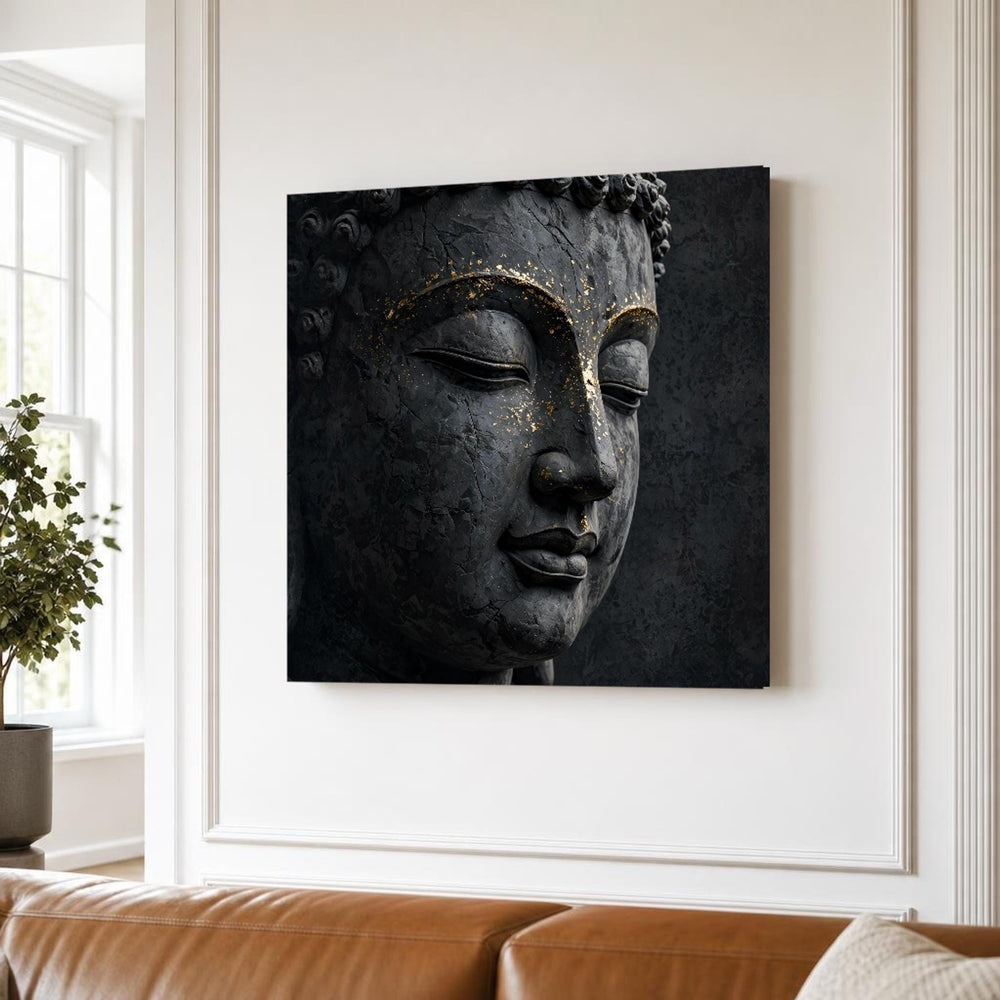Gold Buddha Serene Buddha Face Leaf Meditation Canvas Wall Art, Buddhist