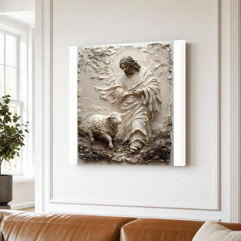Neutral Good Shepherd Jesus and Lamb in Earth Tones Canvas Wall Art, Christian Sacred