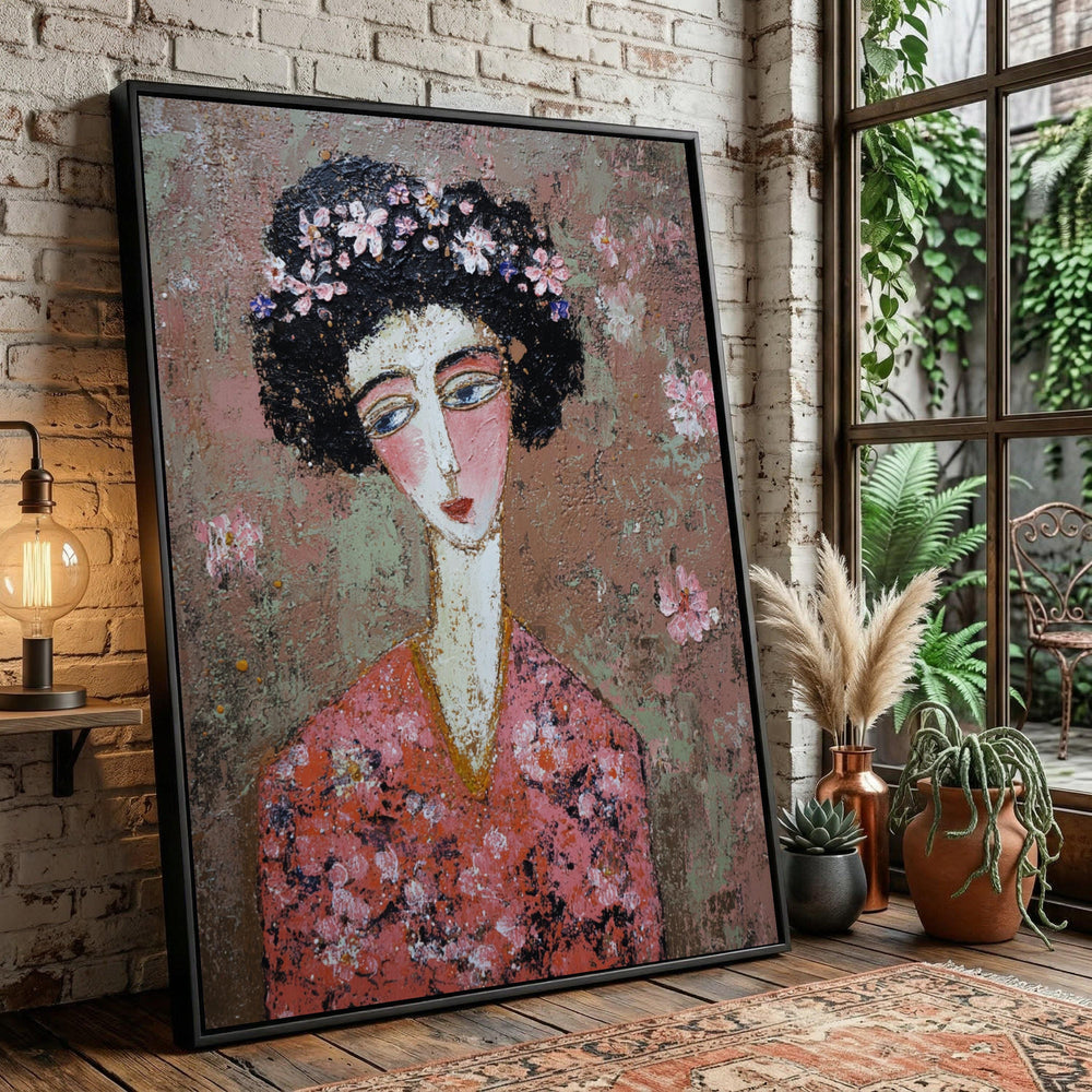 Abstract Woman Portrait Canvas, Floral Hair Crown Wall Art, Pink Earth Tone Decor
