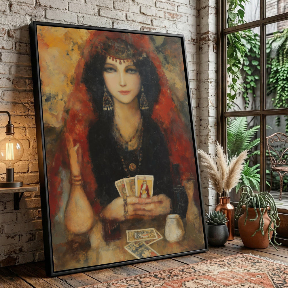 Mystical Fortune Teller Canvas Wall Art, Gypsy Woman Tarot Reading, Bohemian Decor, Spiritual Abstract Painting, Home Wall Decoration