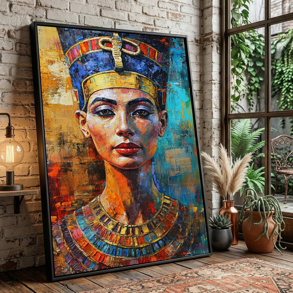 Vibrant Nefertiti Canvas, Abstract Egyptian Queen Portrait Wall Art