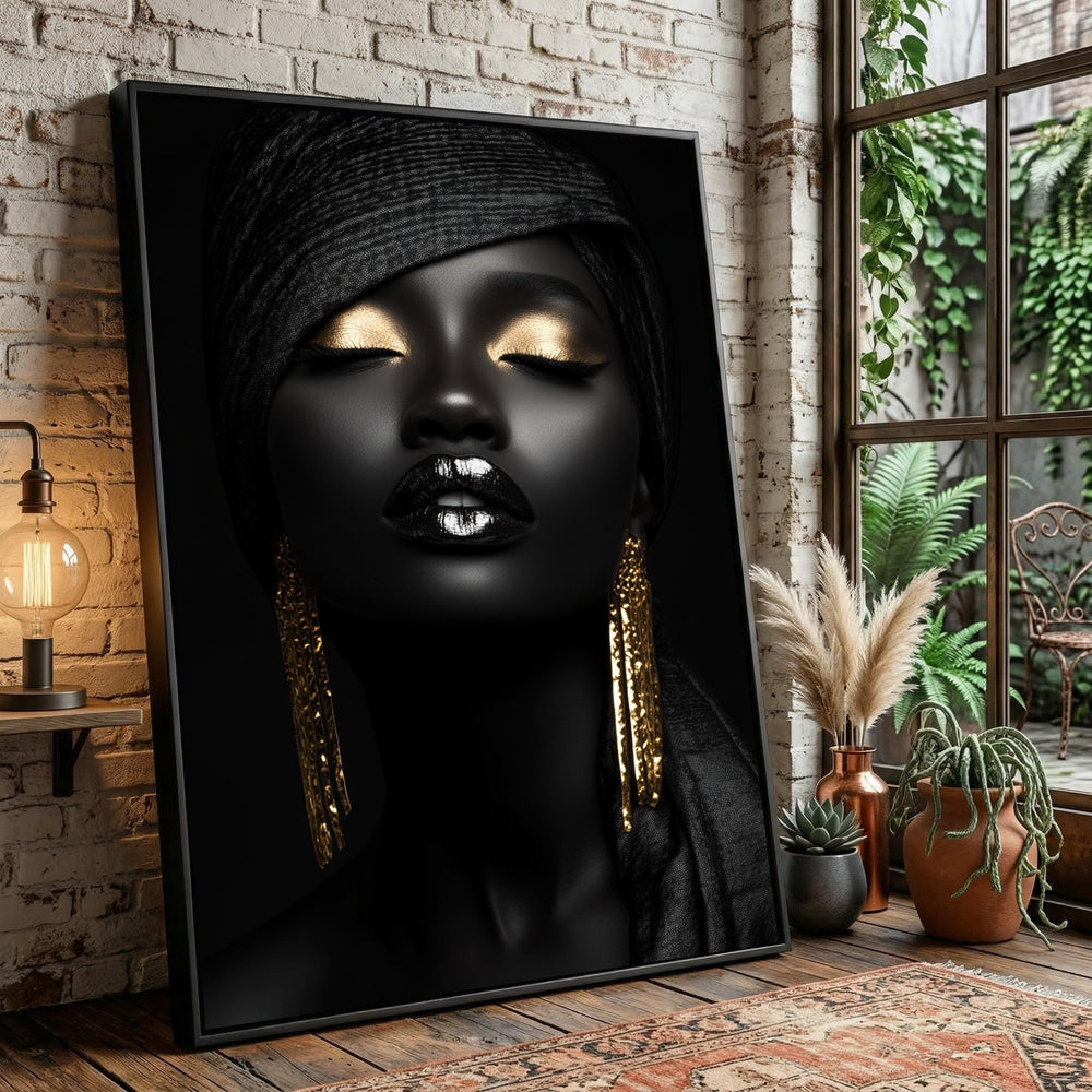 Black and Gold Portrait Canvas, Elegant Woman Wall Art, African Fashion Decor