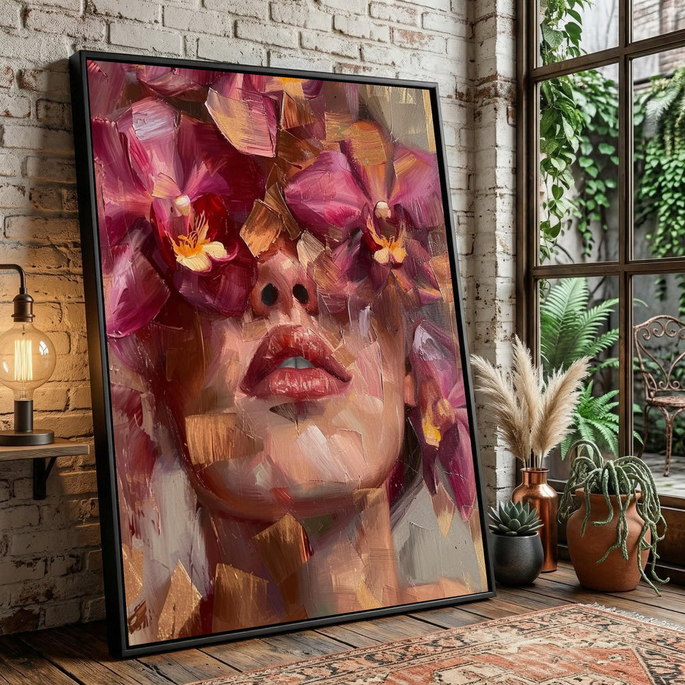 Abstract Floral Portrait Canvas, Modern Woman Face Art, Pink Orchid Flowers, Brushstroke Painting