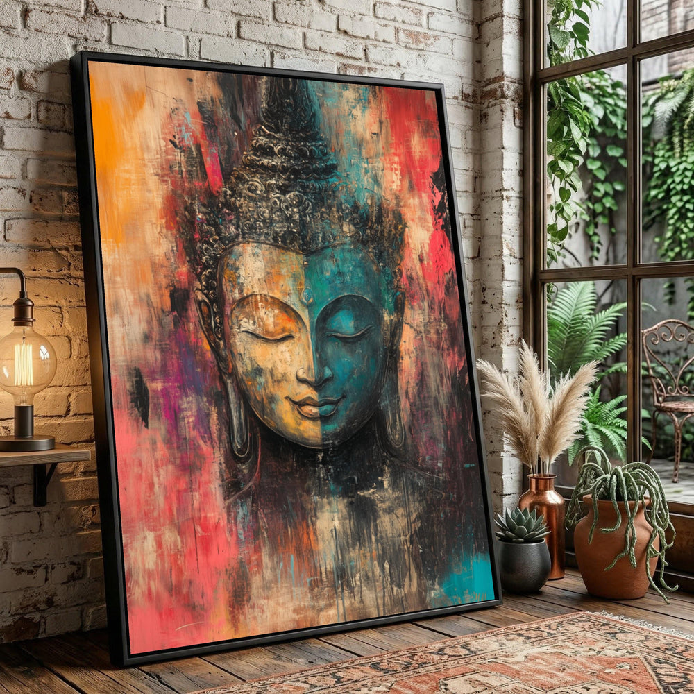 Dual Tone Buddha Face Abstract Canvas Art, Colorful Spiritual Meditation Decor Painting