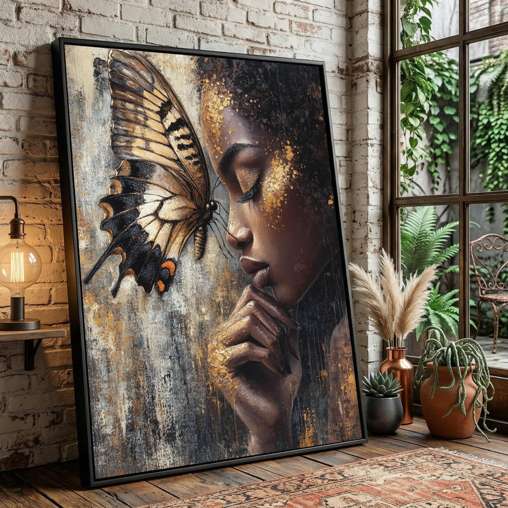 Woman Butterfly Portrait Canvas Art, Gold Accent Wall Decor, Contemporary Feminine Painting