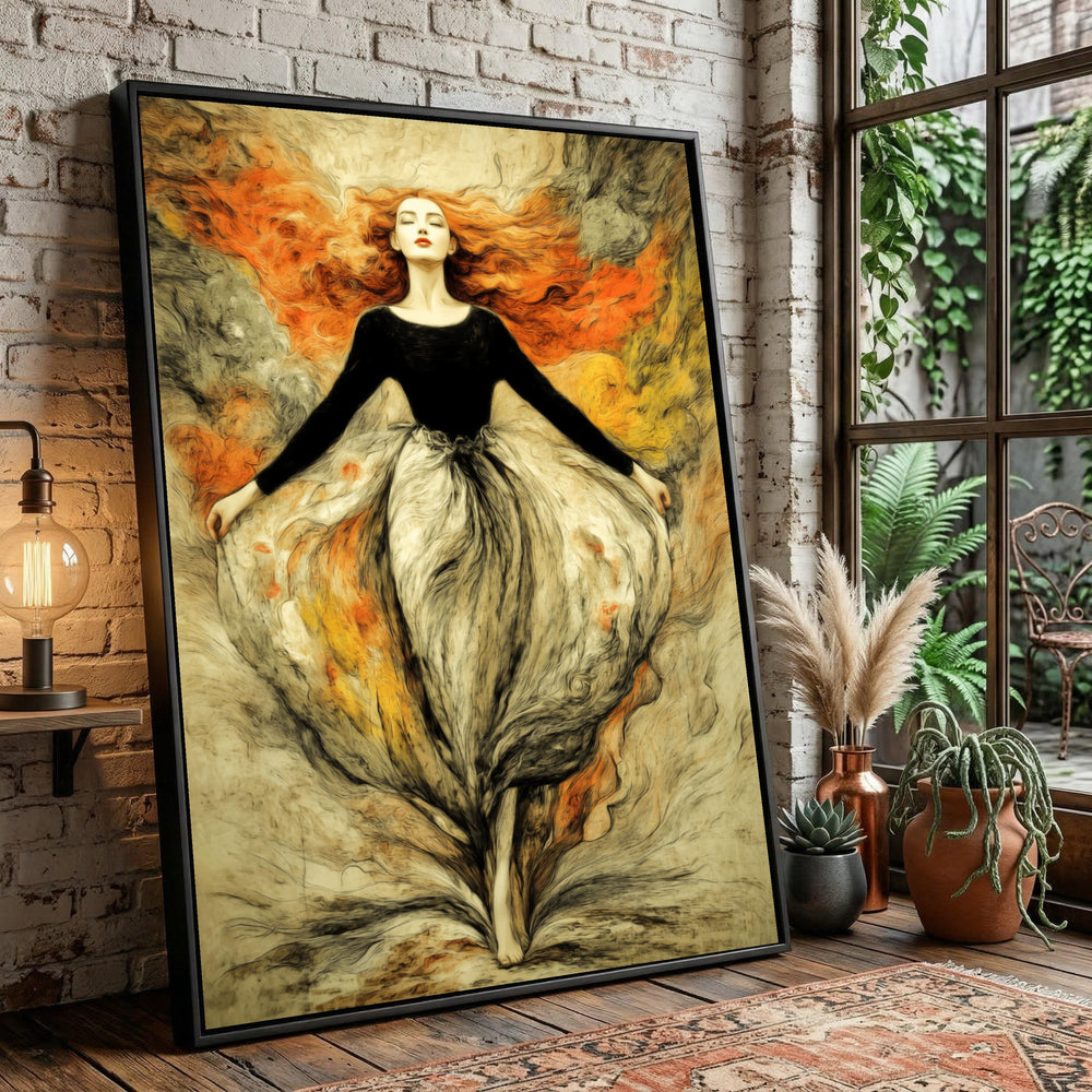 Dreamy Woman Canvas, Fiery Hair Abstract Portrait, Whimsical Dance Wall Art, Modern Home Decoration
