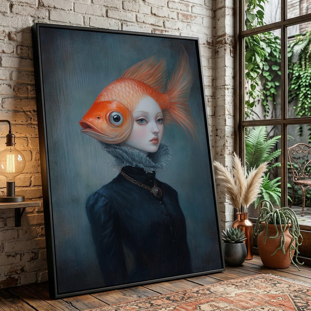 Surreal Goldfish Head Portrait, Fantasy Gothic Canvas Art, Figurative Painting Home Decoration