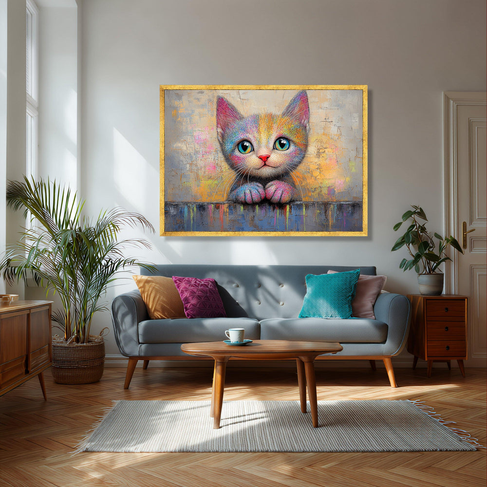 Colorful Kitten Canvas Art, Vibrant Pet Portrait, Abstract Playful Cat Painting