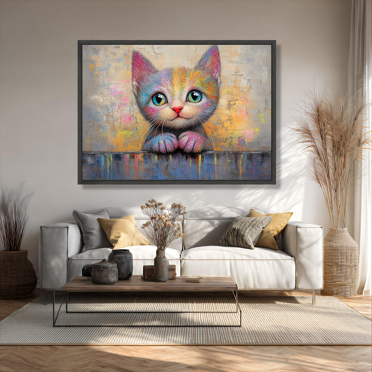 Colorful Kitten Canvas Art, Vibrant Pet Portrait, Abstract Playful Cat Painting