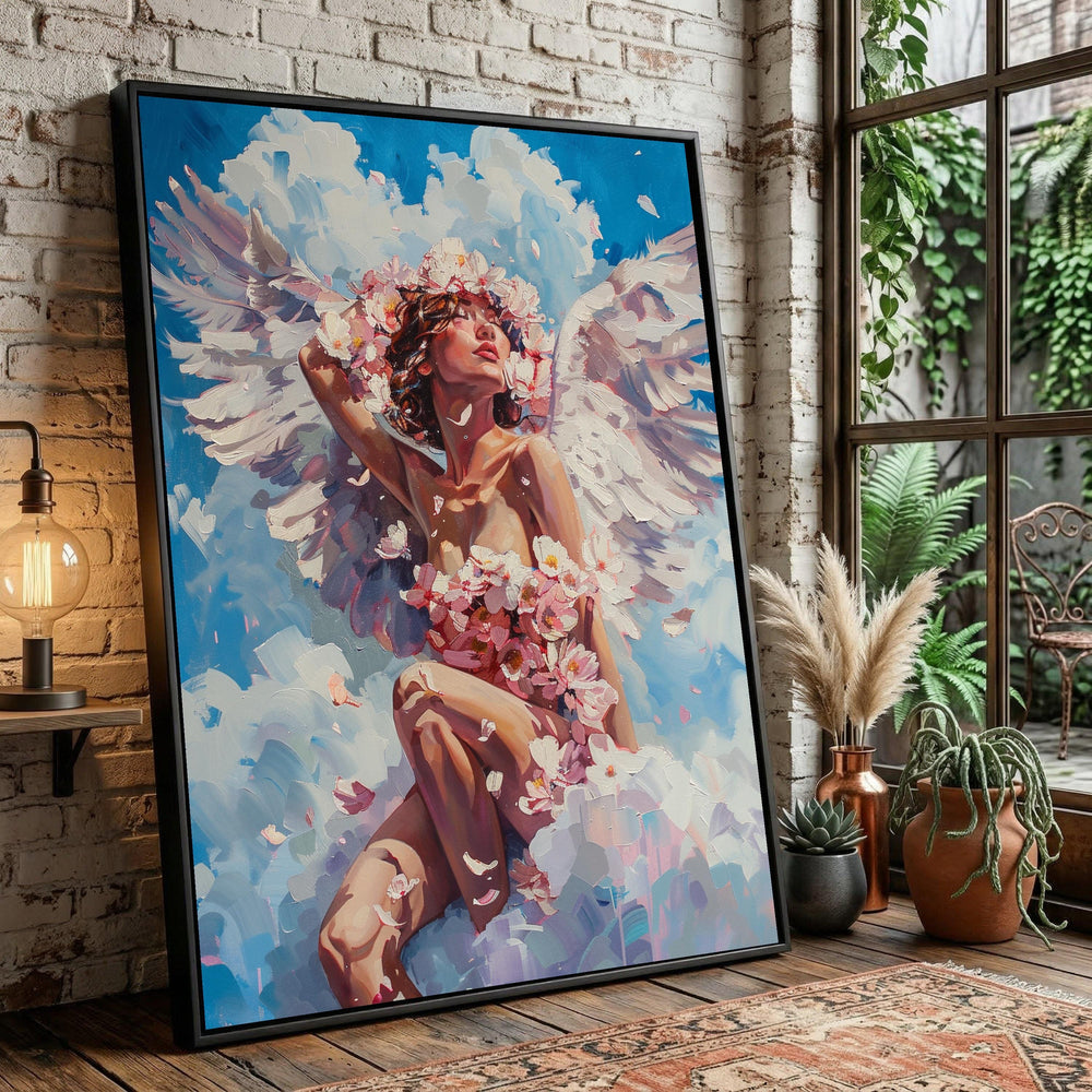 Ethereal Angel Woman Canvas, Floral Crown Fantasy Painting, Romantic Sky Art