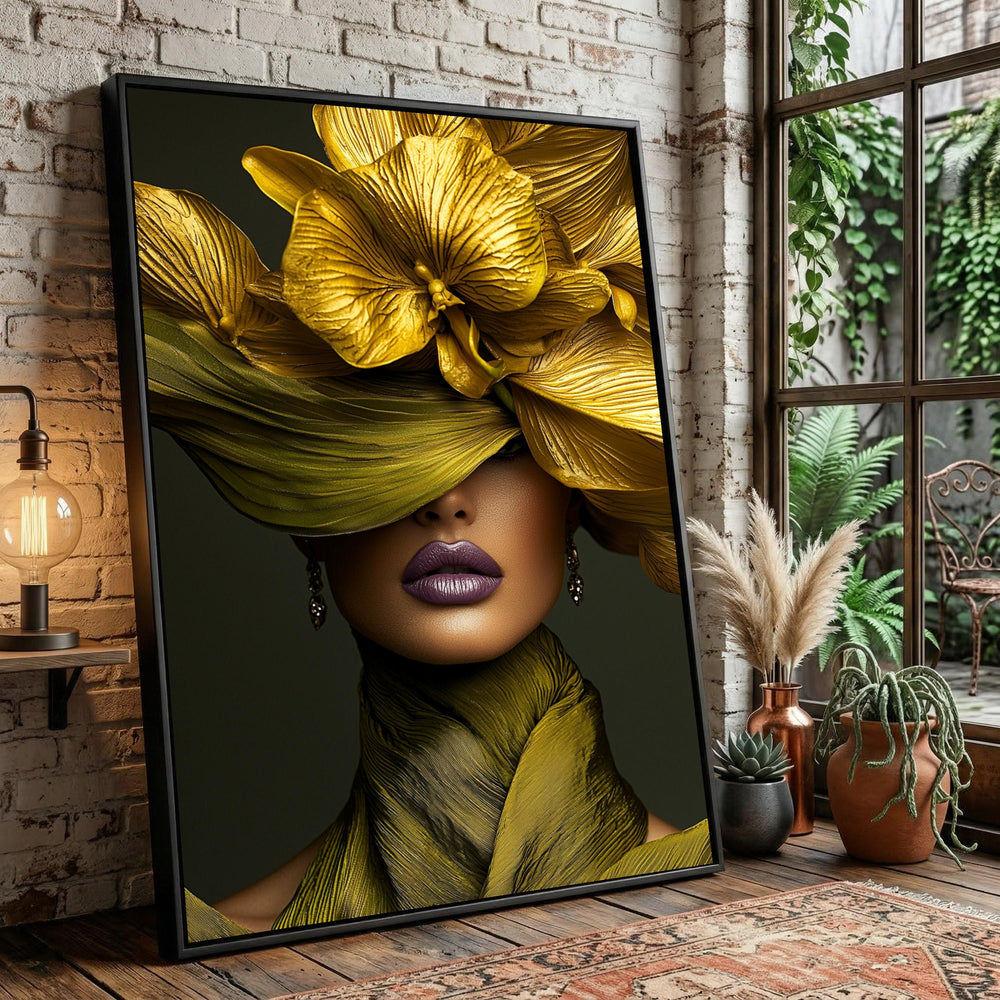 Elegant Woman Golden Floral Hat Canvas, Fashion Portrait Wall Art, Glamorous Decorative Canvas