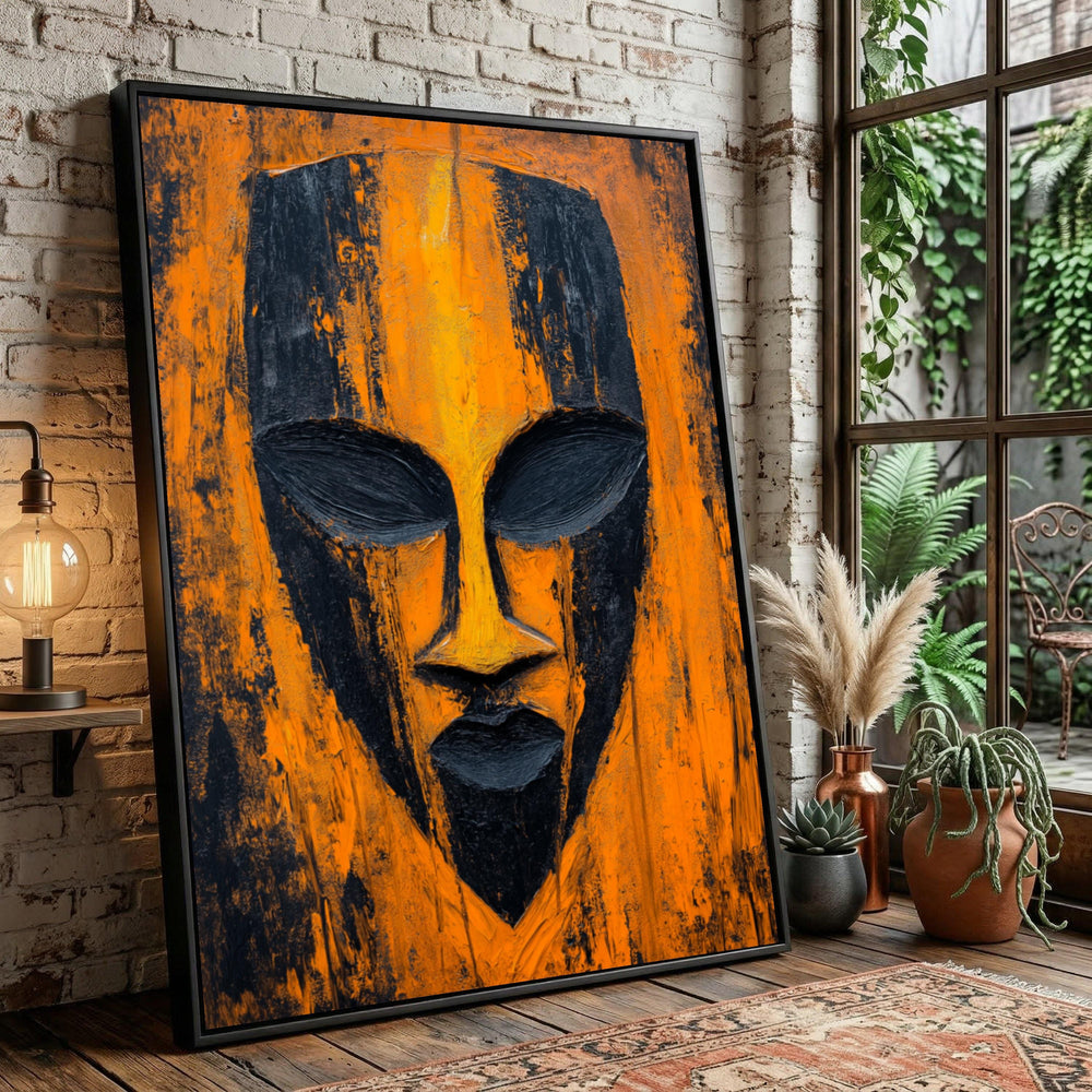 Abstract Tribal Mask Canvas Art, Bold Orange Black Face Painting, African Modern Home Decor