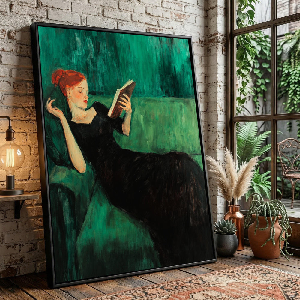 Woman Reading Book Vintage Style Canvas Art, Literary Theme Painting, Green Black Accent