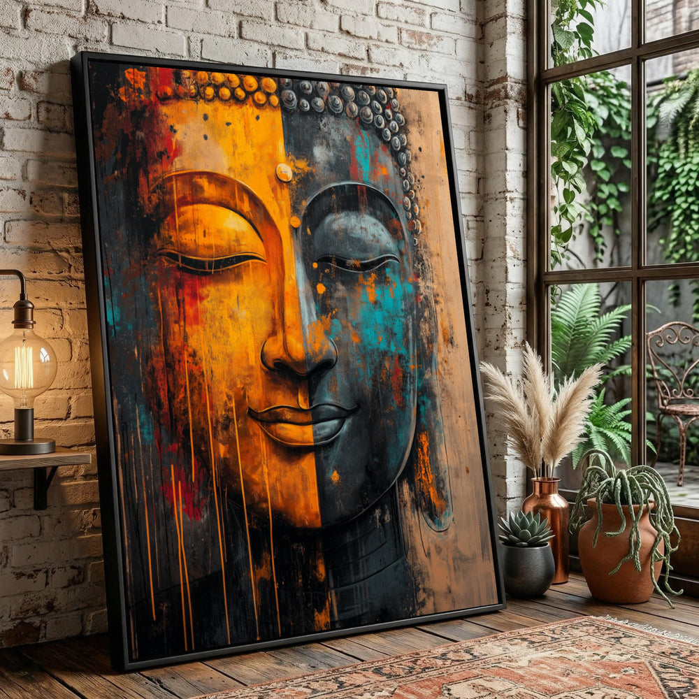 Abstract Buddha Face Canvas Art, Dual Tone Meditation Decor, Contemporary Portrait Painting