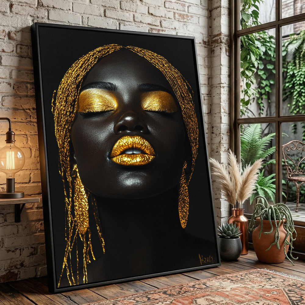 Abstract Black Gold Face Canvas Art, Glamorous Ethnic Portrait Wall Decor