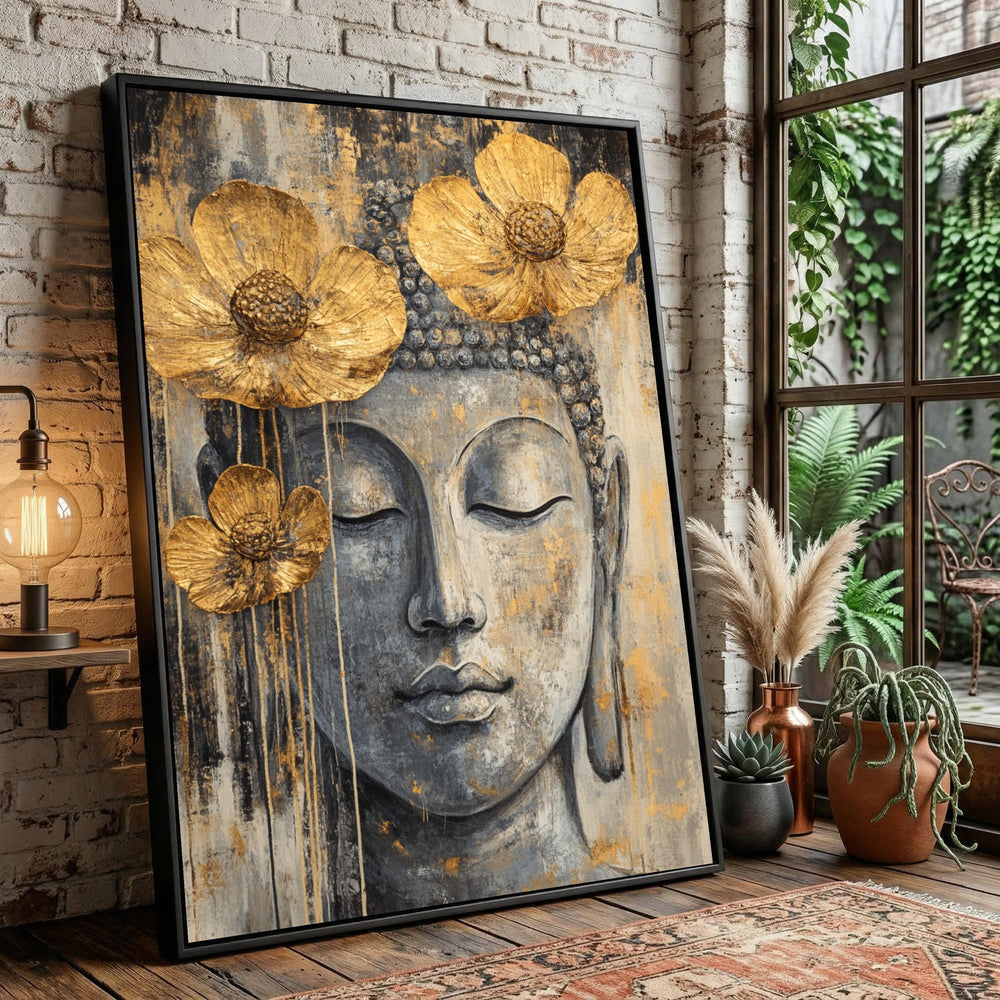 Buddha Face Canvas Art, Golden Floral Accents, Abstract Meditation Decor