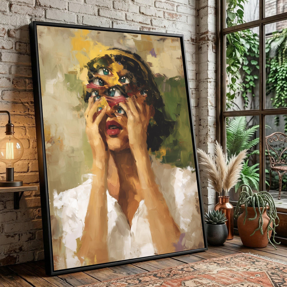 Surreal Multi-Eye Woman Canvas Art, Abstract Expressionism Portrait, Psychedelic Home Decor