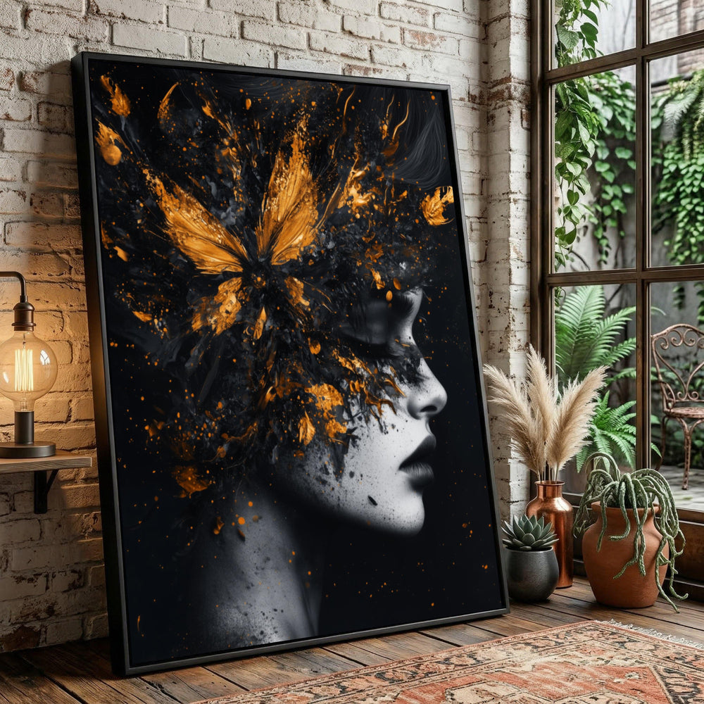 Abstract Woman Profile Canvas, Black Gold Butterfly Splash Wall Art, Surreal Portrait Home Decoration