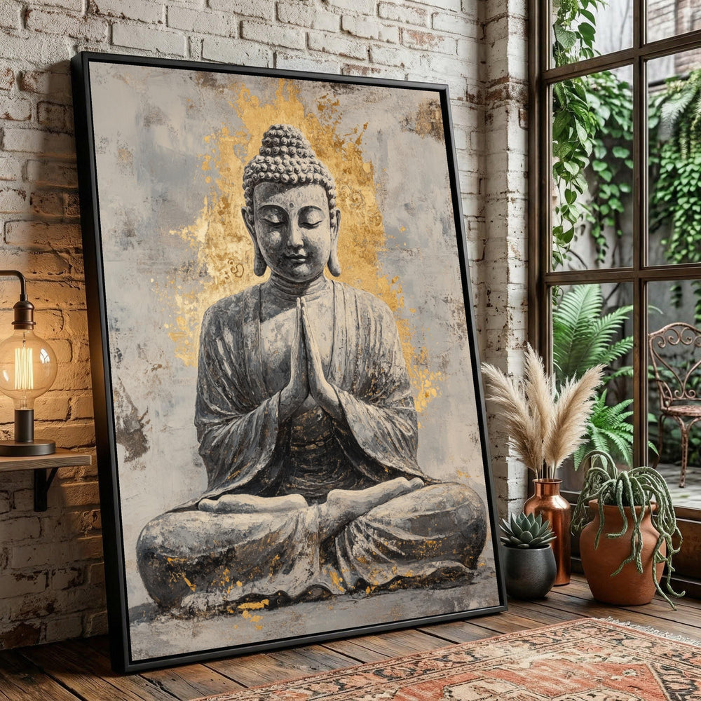 Meditative Buddha Canvas Art, Golden Accent Spiritual Wall Decor, Zen Painting