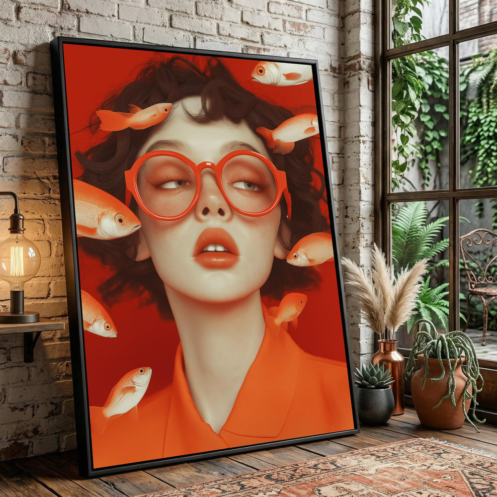 Surreal Woman Portrait Canvas Art, Orange Glasses Fish, Modern Pop Art Decoration